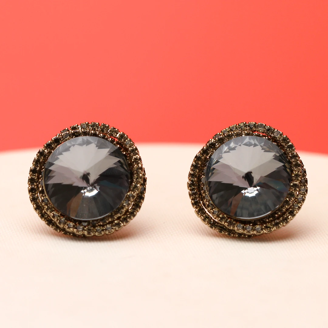 铜合金合成锆石耳饰 气质蓝色黑色轻奢时尚百搭复古法式耳环QQ