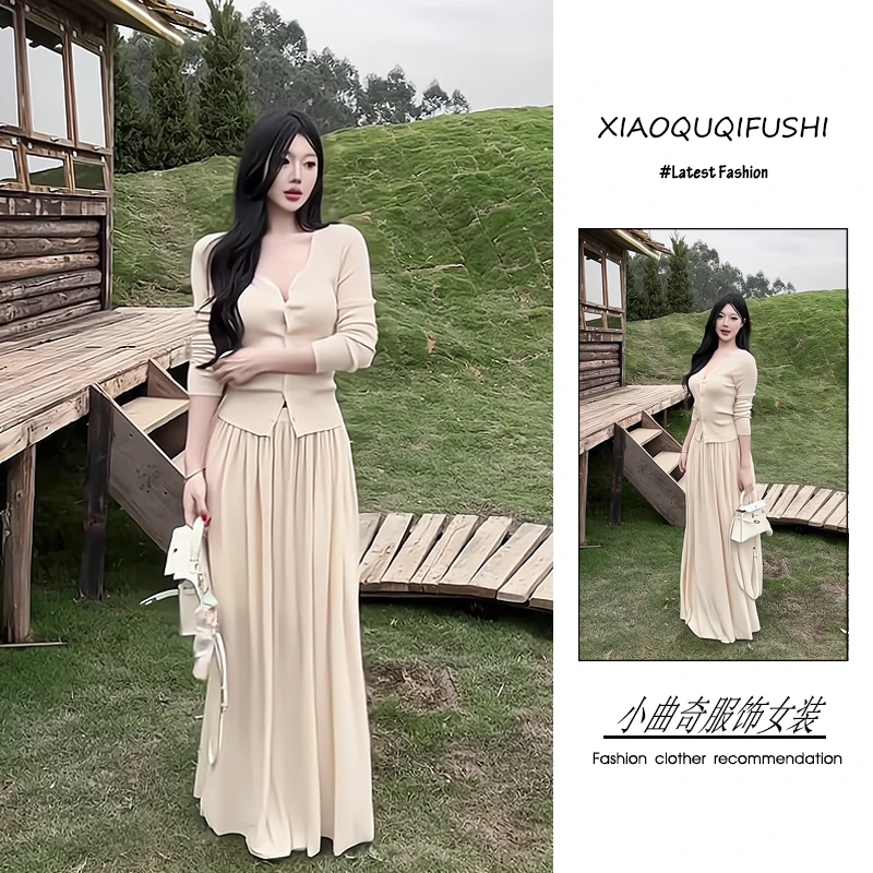 早春一整套女装2025年新款韩系温柔风显瘦杏色针织衫半身裙两件套