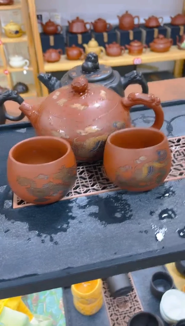 茶壶紫砂1壶4杯2龙2凤