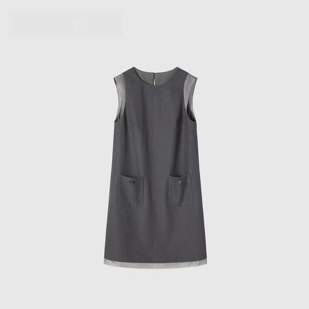 2336原单商场同款气质通勤学院风假两件无袖圆领连衣裙背心裙女