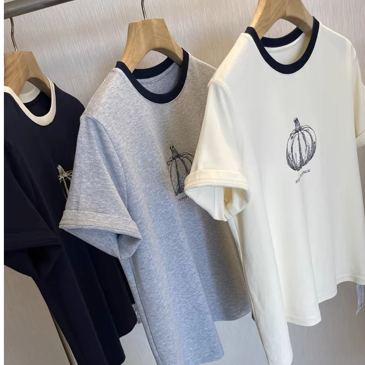 -ARRLMORRE品牌【小南瓜】撞色领chic风印花正肩显瘦水柔棉短袖T