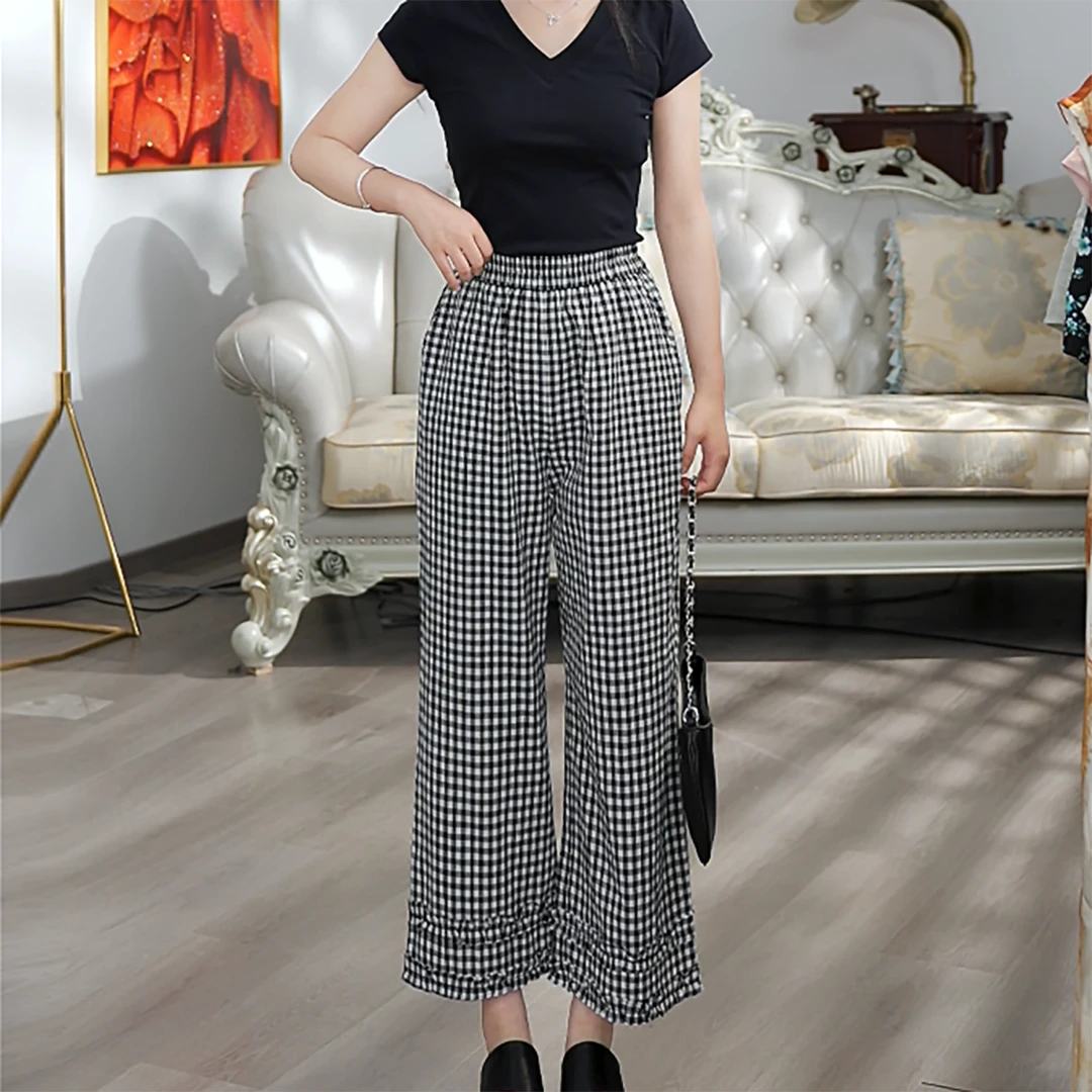 无印心匠C1456 百搭风裤子千鸟格宽松黑白九分裤K939