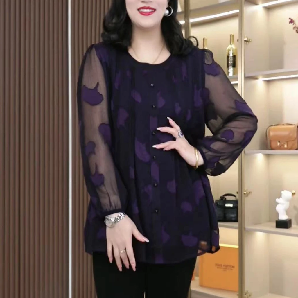 胖大旋大码显瘦长袖春夏时尚宽松气质百搭印花遮肚妈妈上衣ZB5986