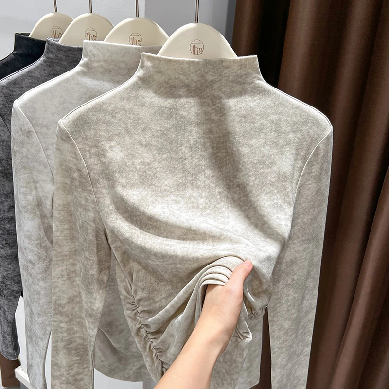 法式名媛杏色小高领打底衫2025秋季新款水墨晕染设计感长袖T恤