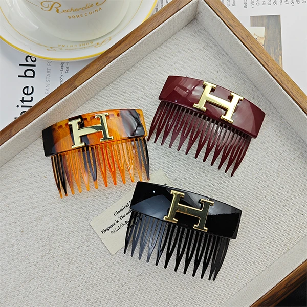 韩系轻奢气质金标H字母发梳侧边碎发刘海夹倒插梳发夹头饰发卡
