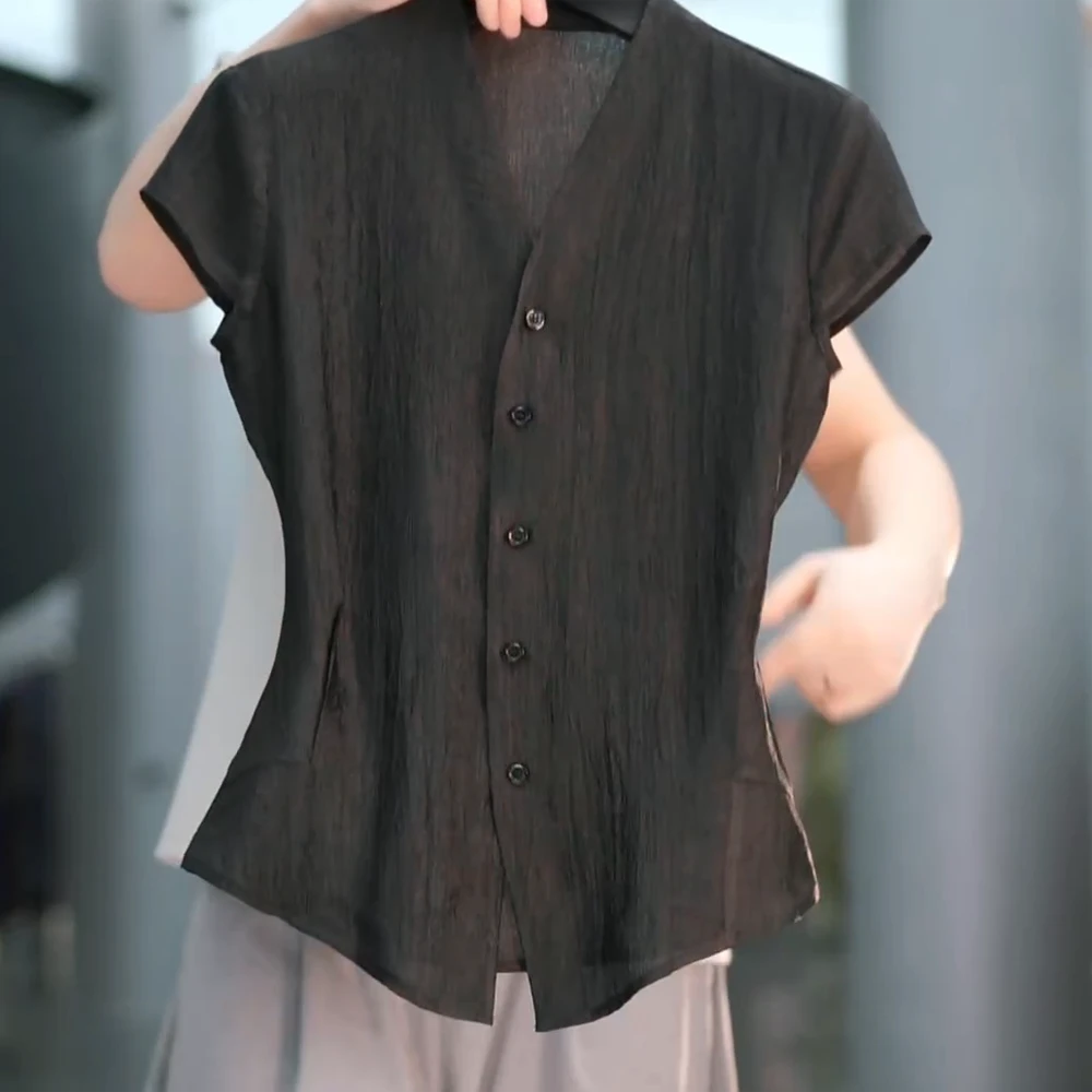 新款高级感V领收腰薄款舒适短袖衬衣