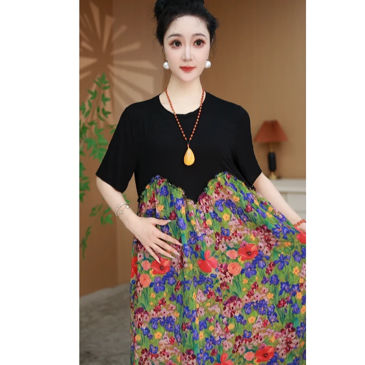 木子【 花团锦簇】女装碎花裙瘦拼接连衣裙气质长裙  888-36