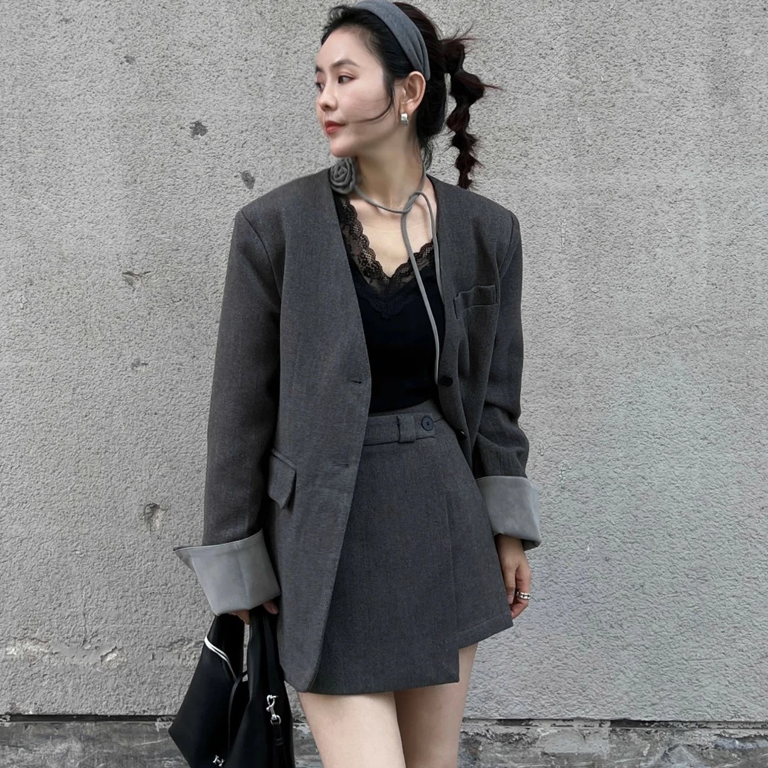 时尚设计感套装2025秋季新款休闲风廓形宽松款外套半身短裙两件套