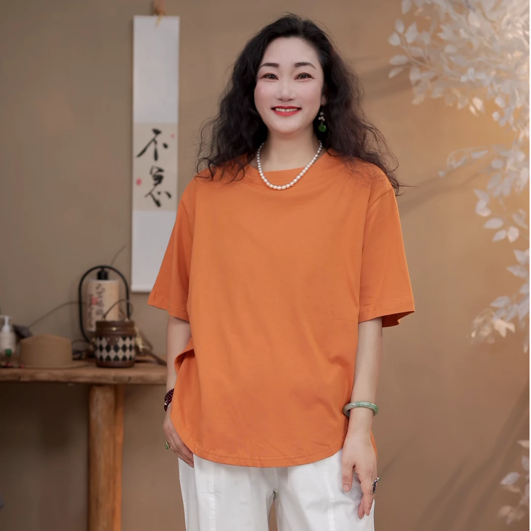 3918  休闲时尚百搭宽松短袖25新款文艺纯色中袖大码女装上衣