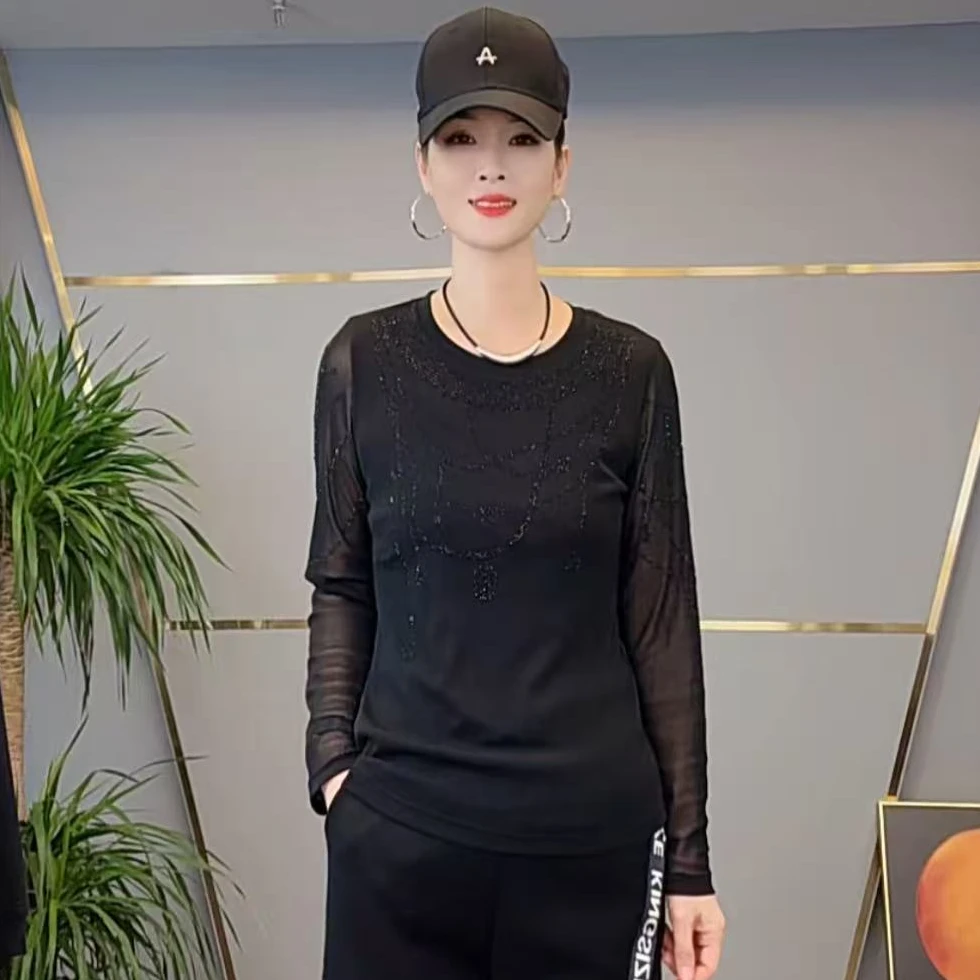 shishu/拾束秋季新款时尚圆领烫钻减龄显瘦百搭网纱上衣女XS9067