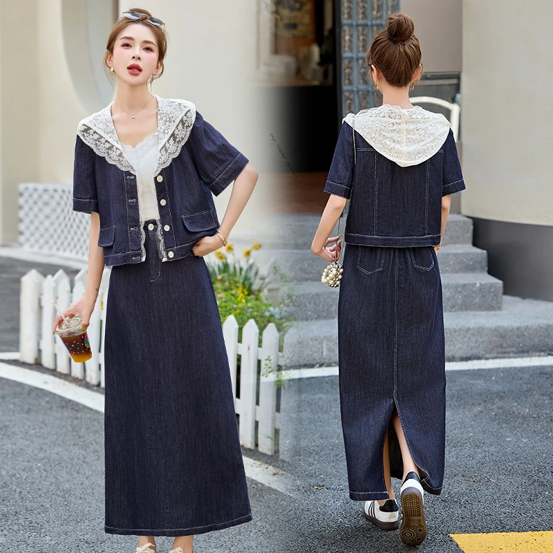 休闲时尚蕾丝拼接牛仔套装女2025年夏季新款洋气减龄半身裙两件套