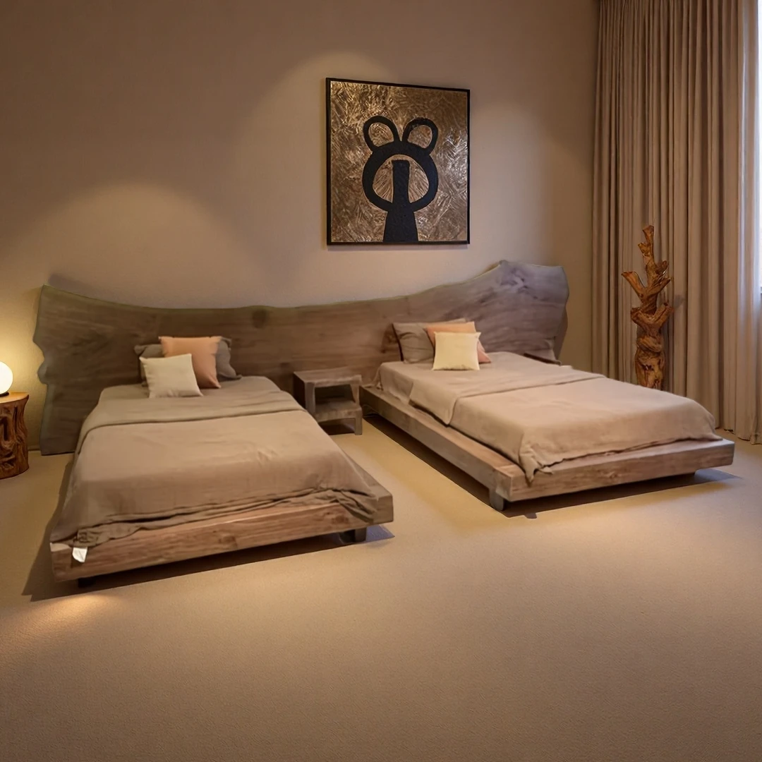 侘寂风民宿酒店会所别墅新中式原木中古风标间实木单床定制原生态