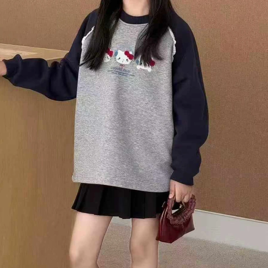 女童宽松拼接色袖子带花边加绒卫衣1012