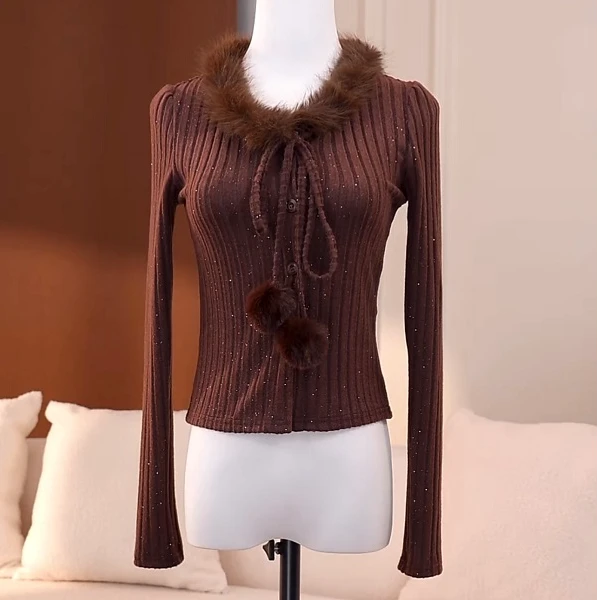 2025秋冬新款温柔风高级感洋气百搭别致修身显瘦长袖绒衫-A698