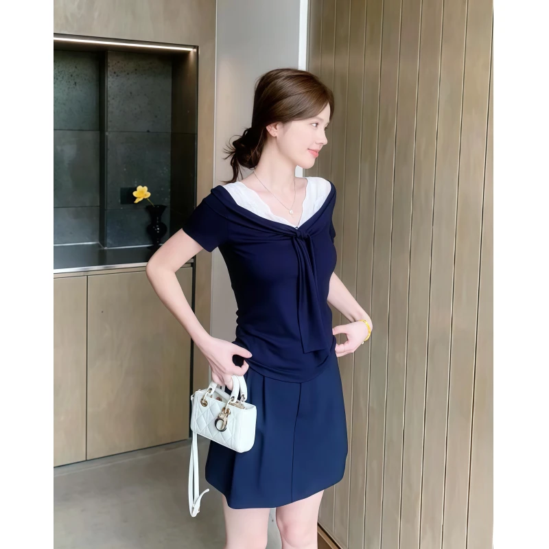 韩系蕾丝拼接绑带v领短袖t恤女夏季甜辣妹修身显瘦时尚百搭短上衣
