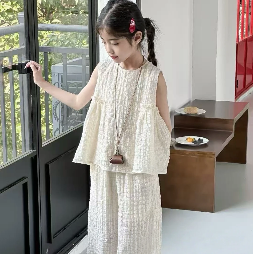 2025夏季新品中大女童甜美度假风轻薄泡芙背心无袖套装25236
