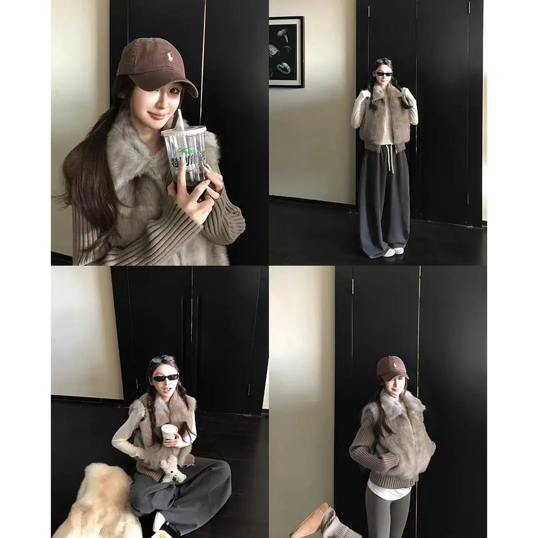 25新款女毛毛外套拼接款针织设计感外搭上衣