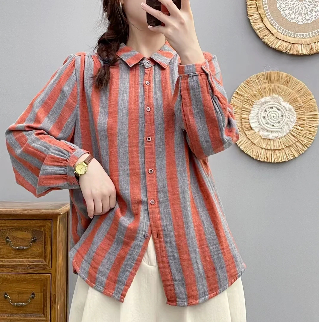 秋季薄款双层时尚长袖衬衫女方领条纹休闲条纹上衣复古宽松衬衣女