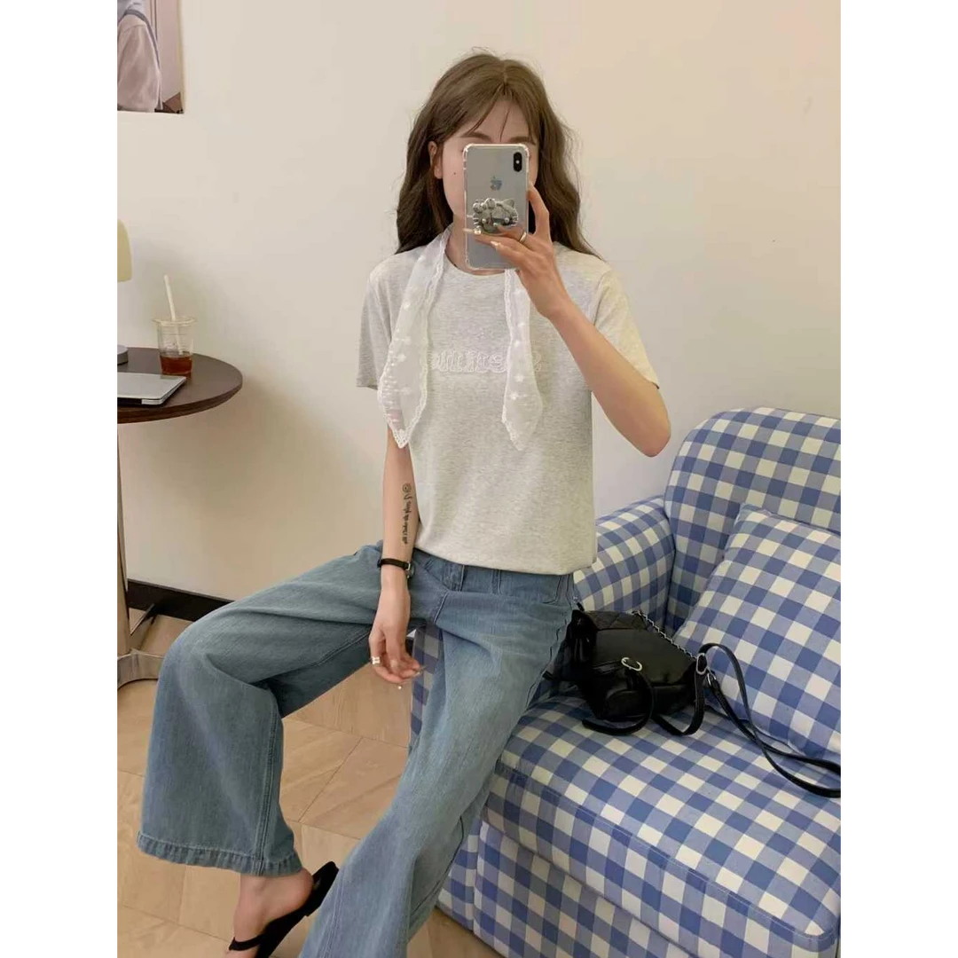 圆领常规袖印花短袖慵懒风T恤设计感短款小众白色小香风修身