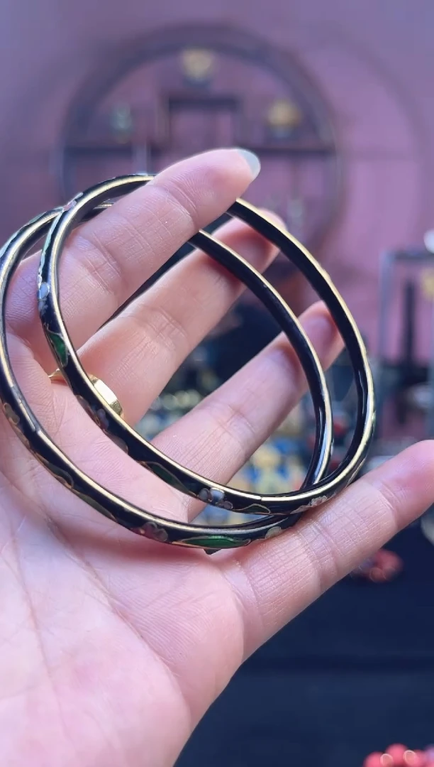 非遗 景泰蓝叮当镯 60-65 一对 黑色