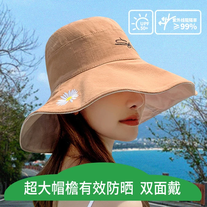 韩版双面小雏菊渔夫帽女夏天户外遮脸潮百搭遮阳大沿太阳防晒帽子