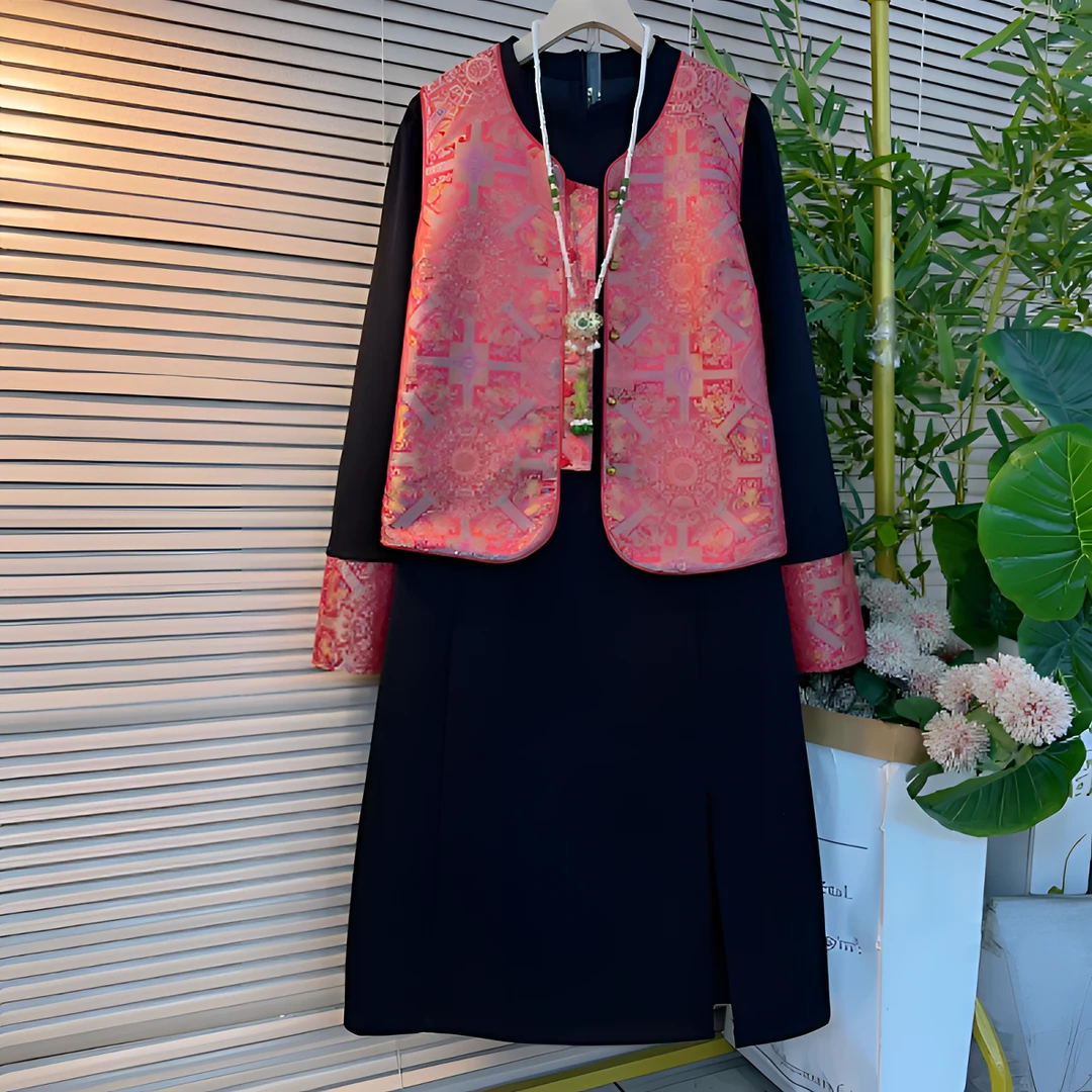 风中国风拼接复古马夹时尚套装中式网红新中式提花套装大码两件套