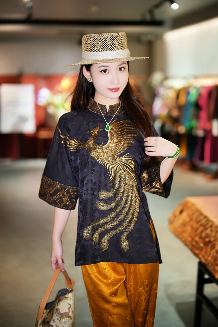 蓝大【叠云山】新中式桑蚕丝短袖上衣5236