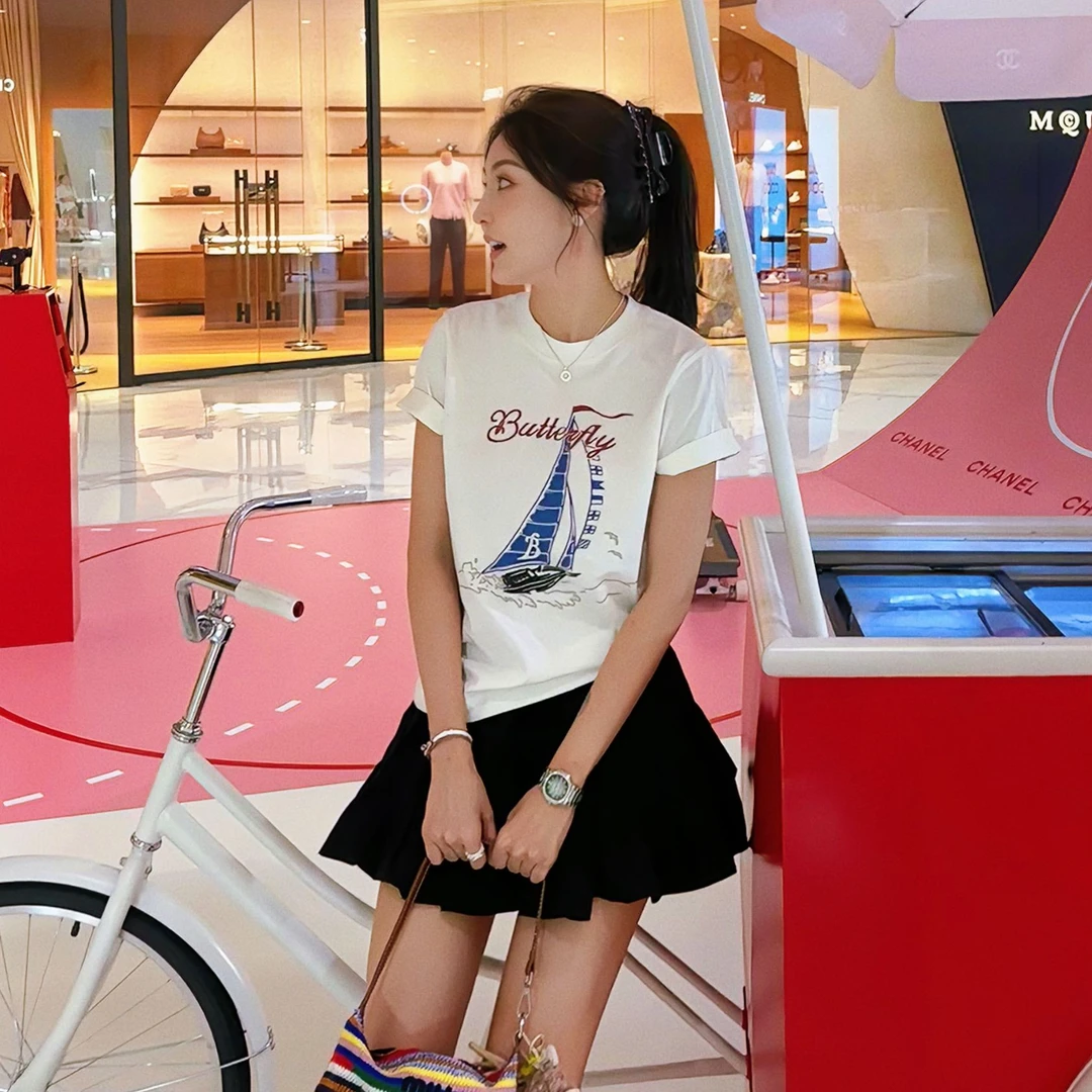 李予诺「启航」"100%棉"极简风帆船图案针织T恤L5247084