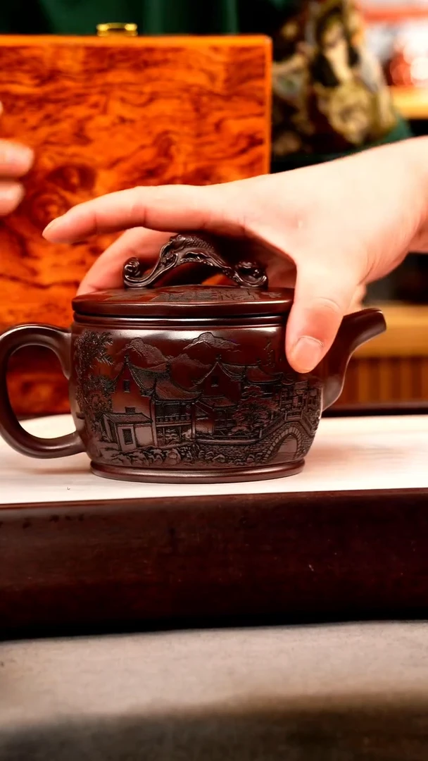 茶壶紫砂乌金砂 如意汉瓦 刻绘