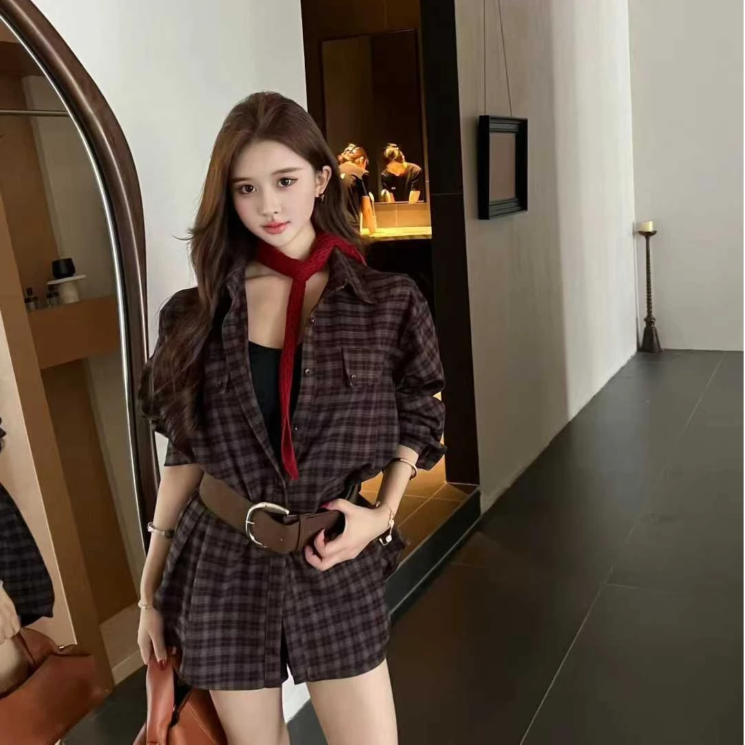 点点家早秋格纹衬衫针织套装赵露思老钱风松弛感女装贵气