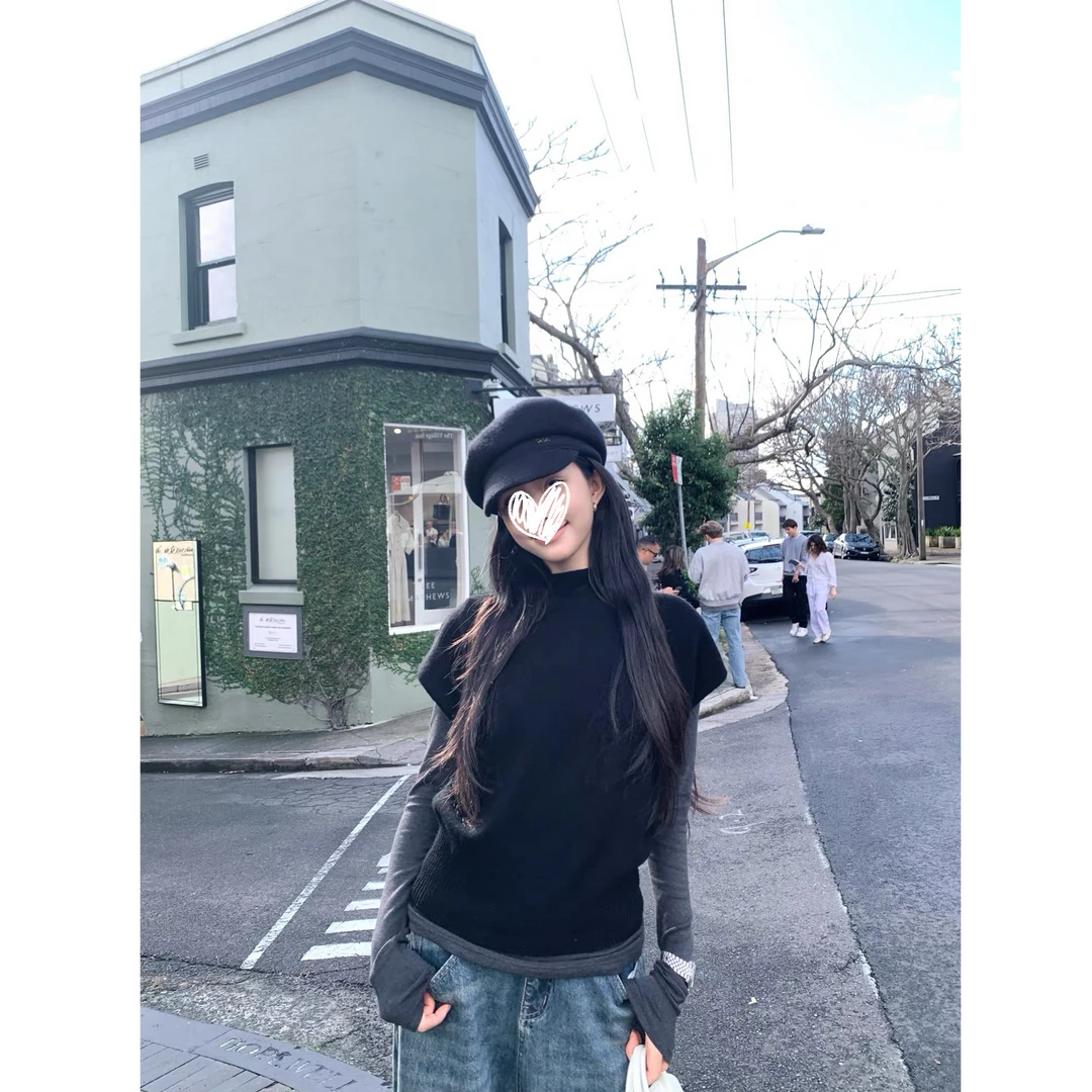 休闲慵懒风叠穿chic短袖马甲+收腰显瘦打底长袖T恤两件套装D799