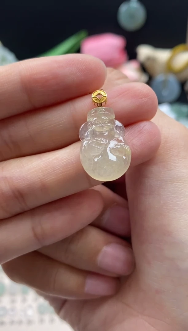 【闪购商品】翡翠颈饰18K金镶嵌翡翠冰黄财神吊坠