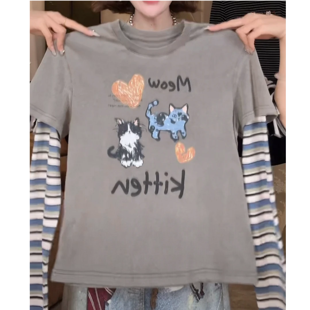 小众设计感轻奢拼接条纹假两件小猫印花长袖圆领百搭T恤打底上衣