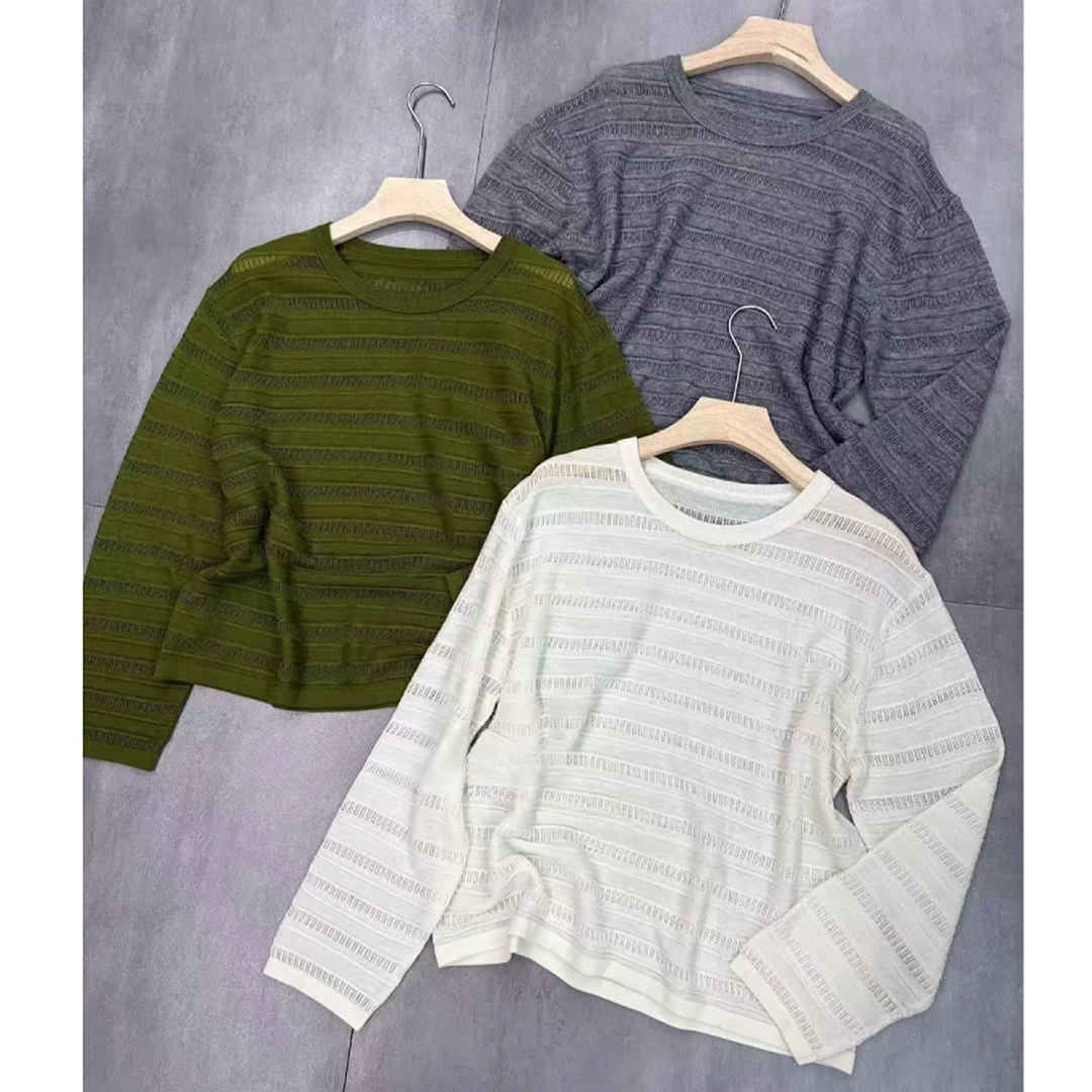 【锦衣服饰】MM 1762韩系慵懒肌理感条纹圆领长袖针织衫