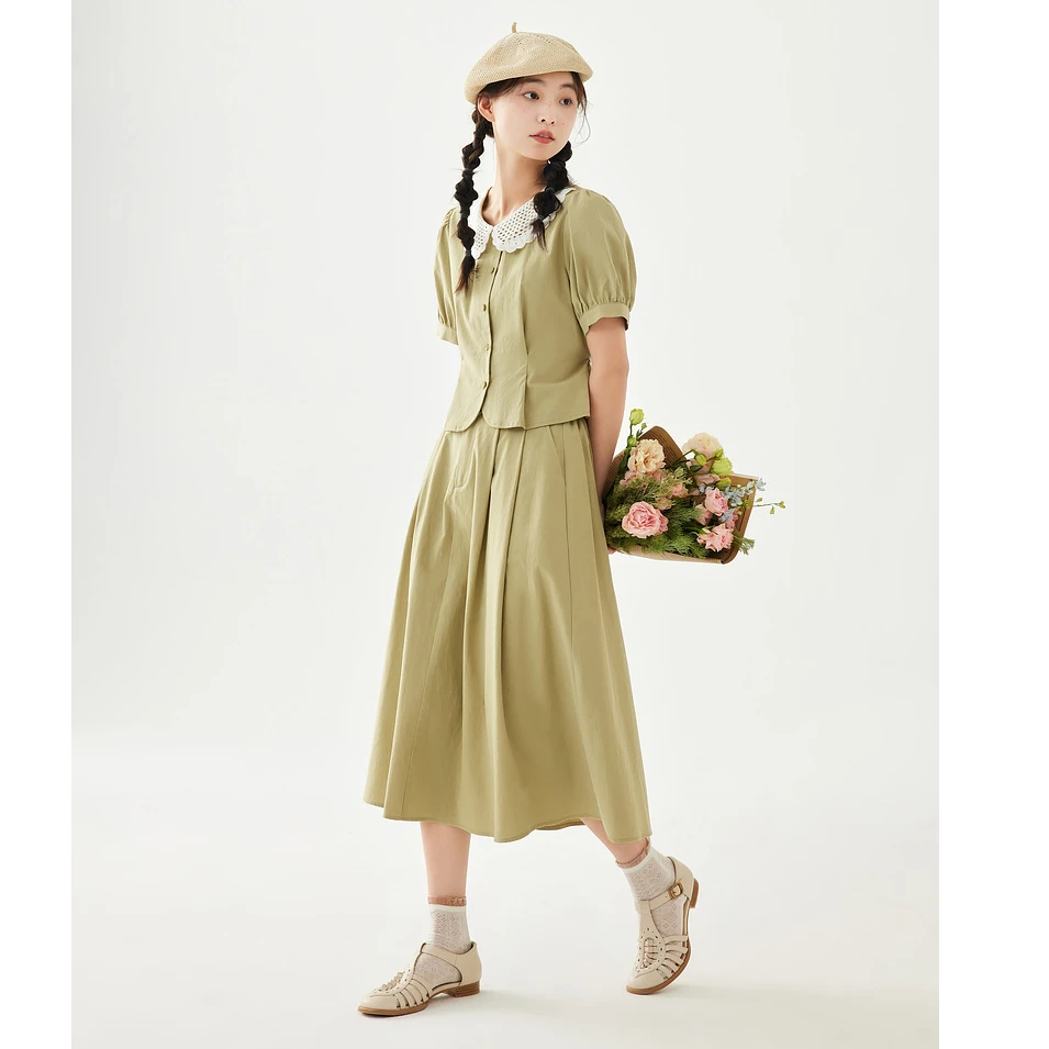 紫涵套装风翻领短袖上衣A字半身裙两件套Z4Z03BS116