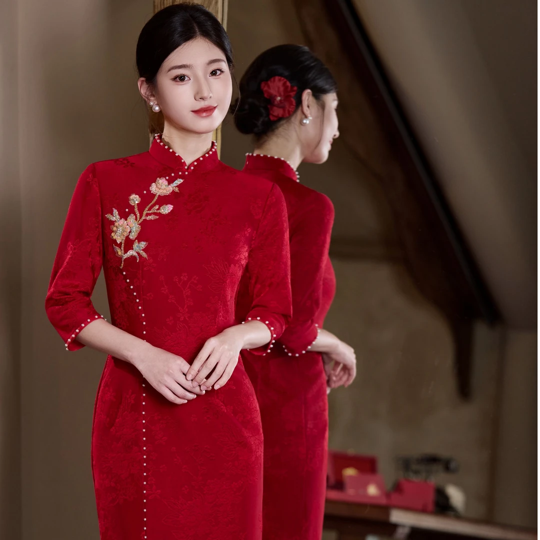 新中式纯色婚礼敬酒服免烫处理日常旗袍优雅气质显瘦酒红色