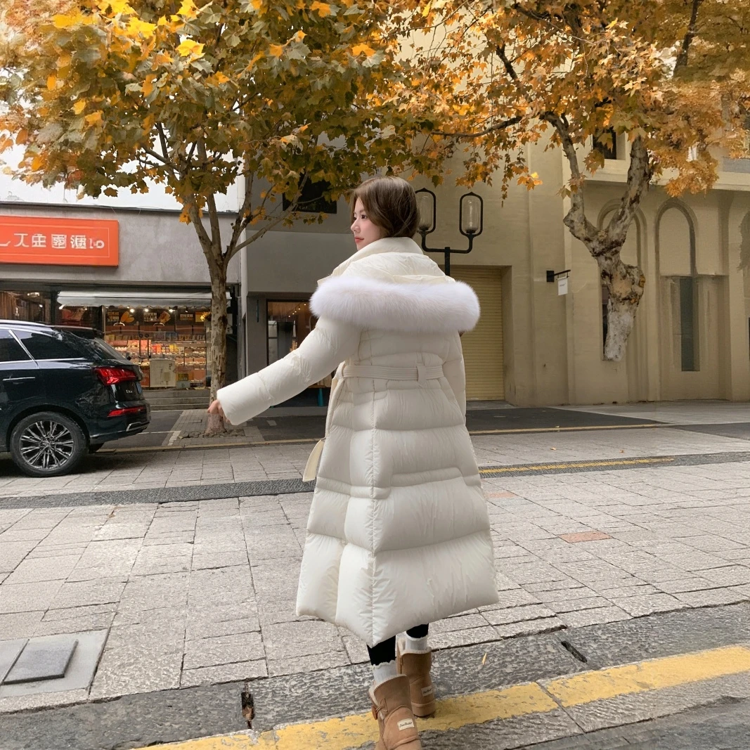 90白鹅绒芬兰进口狐狸毛大毛领真毛泡芙加厚长款收腰羽绒服外套