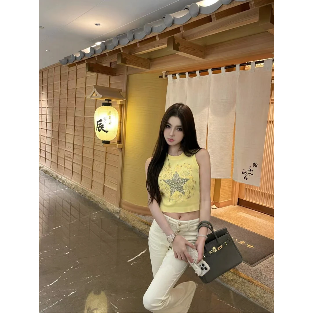 美式重工镶钻吊带背心女甜酷辣妹外无袖上衣修身显瘦长裤两件套