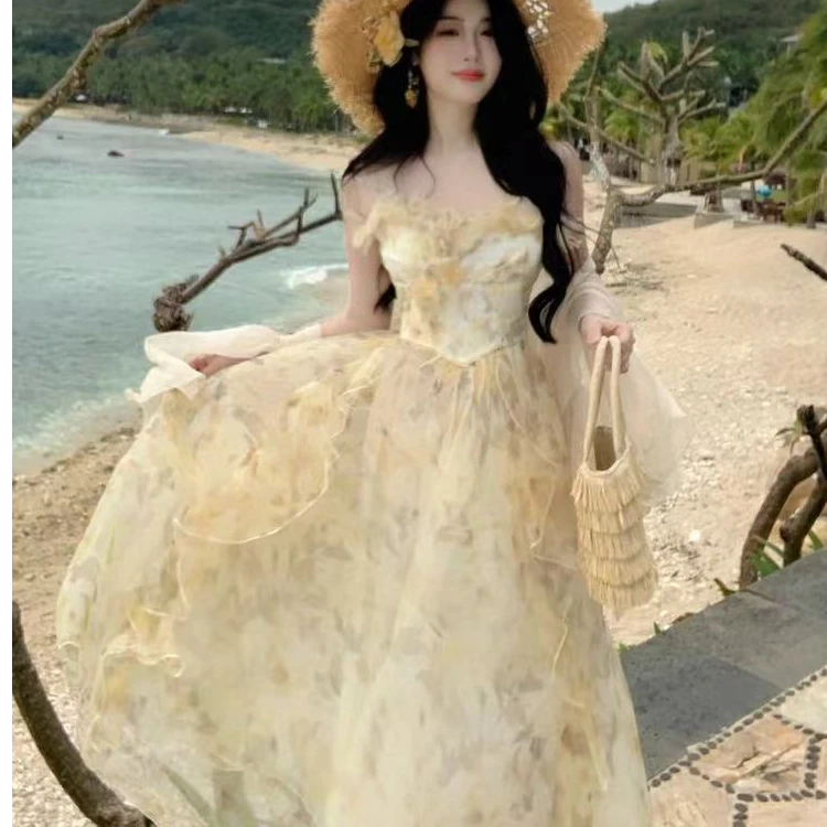 131-140夏新款度假风仙女裙荷叶袖雪纺连衣裙法式浪漫碎花a字裙女
