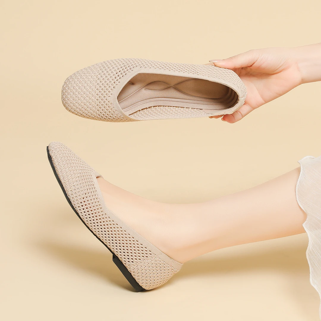 日系王妃平底单鞋新款圆头浅口飞织镂空平底舒适软底一脚蹬单鞋女