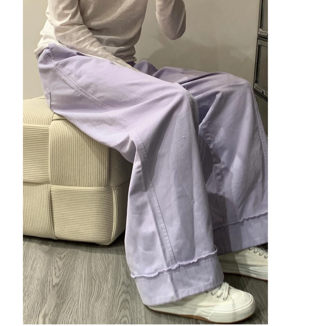 小个子新款复古高腰直筒宽松休闲裤女设计感褶皱紫色阔腿牛仔裤