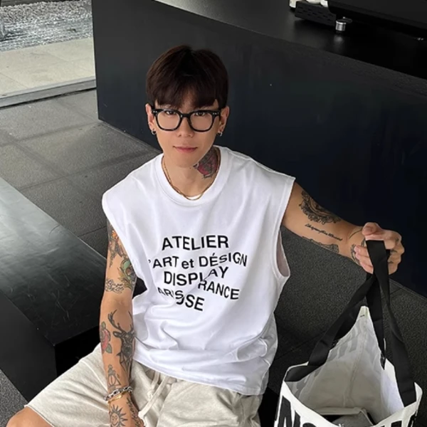 100%纯棉透气美式宽松背心坎肩t恤薄款宽肩T恤男士夏季坎肩背心男