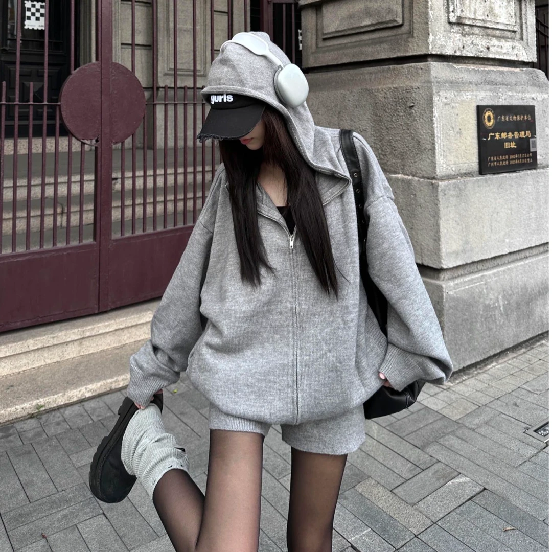 时尚套装韩版运动慵懒风连帽上衣宽松休闲百搭洋气显瘦上衣短裤女