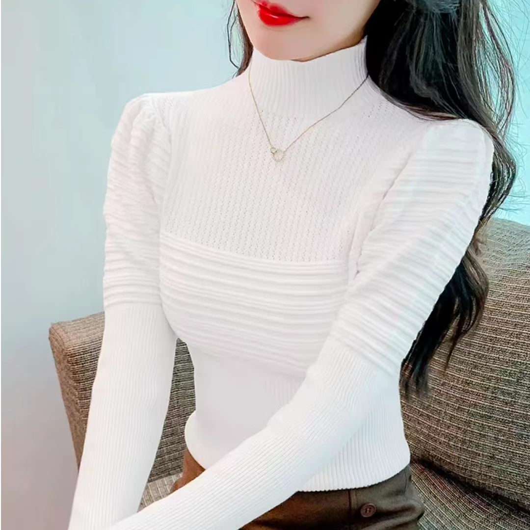 【千骄百媚】2025冬季新款时尚修身百搭螺纹泡泡袖针织衫8807