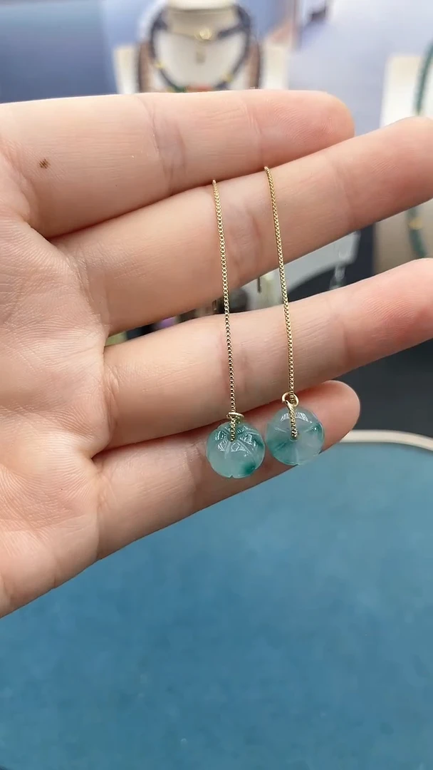 软玉14K金镶嵌耳饰飘花小南瓜耳线