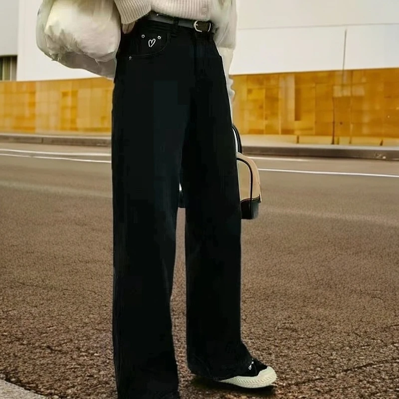 8857冬季新品高腰加绒时尚黑色显瘦牛仔直筒裤女