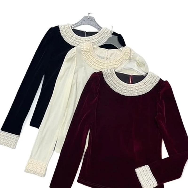 226510欧洲站2025早春新款欧货法式蕾丝花边植绒长袖