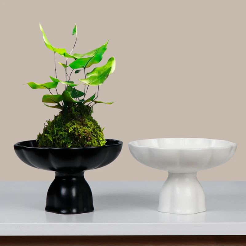 苔藓球绿植花盆高脚陶瓷莲花盆