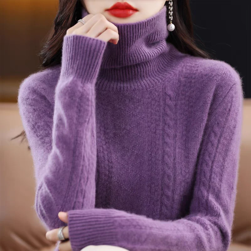 100%纯羊衫女秋冬新款高领毛衣宽松厚款针织堆堆领羊毛衫