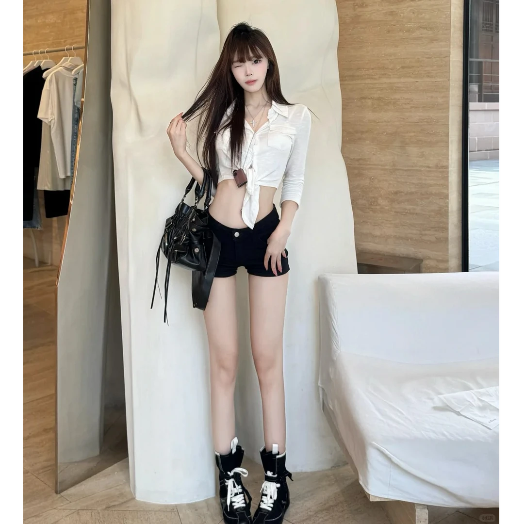 2025秋季新款修身纯欲长袖小个子设计感小众别致掐腰上衣女配短裤
